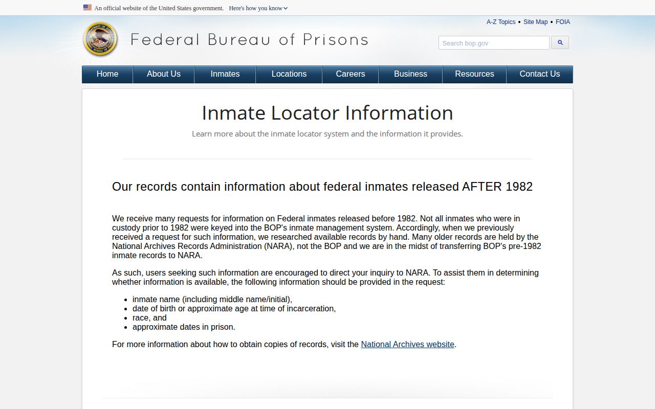 Lee County federal BOP release date field explanation