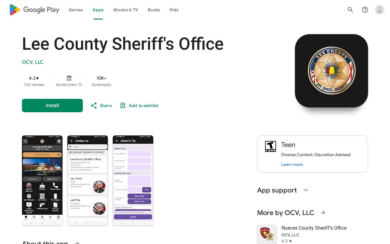Lee County Sheriff's Office iOS app page used for release mugshot access research